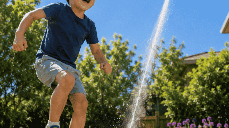 A confident 6-year-old child jumping on a stomp rocket launch pad outdoors watching the rocket soar into a clear blue sky with a thrilled expression