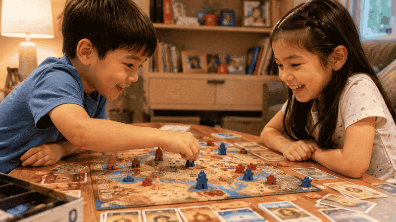 Two 6-year-old children leaning forward with competitive focus and big smiles while playing a colorful strategy board game at a low table