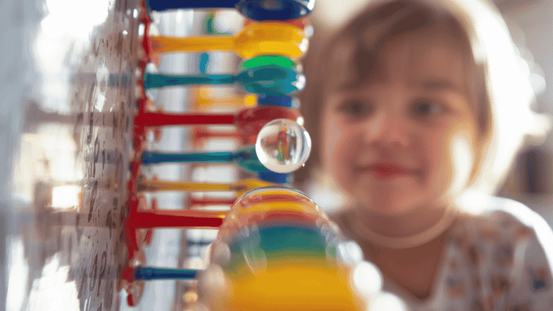 A close-up shot of a colorful magnetic marble run attached to a stainless steel refrigerator, showing a marble mid-drop through a series of gravity-defying tracks