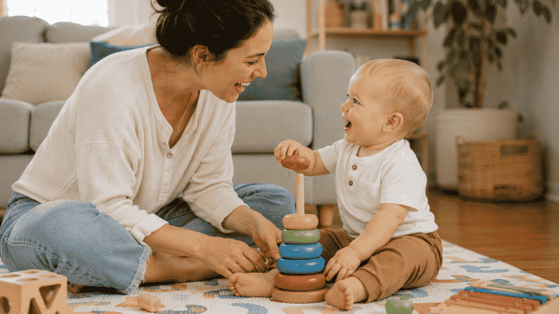 A mother and 1-year-old baby laughing together on a colorful play mat while playing with a simple wooden stacking toy