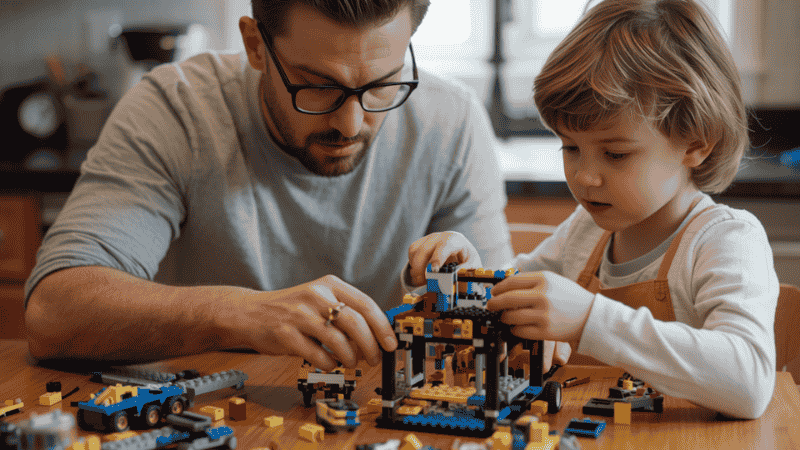 A parent and a 10-year-old child sitting at a wooden kitchen table, focused and smiling while building a complex LEGO Ideas model together.