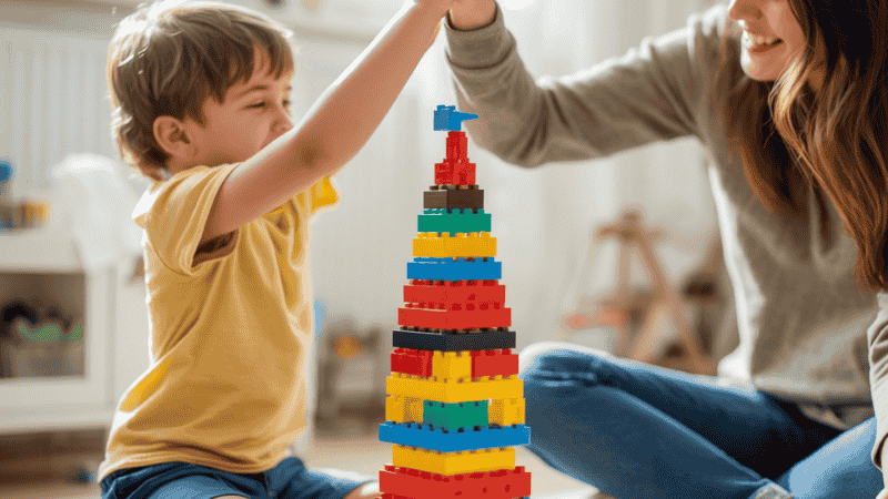 A young child and a parent high-fiving in a sunlit living room after successfully building a tall, complex tower using colorful magnetic STEM tiles