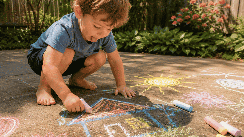 A 3-year-old child crouching on a patio drawing a colorful house with sidewalk chalk surrounded by chalk drawings of flowers and suns