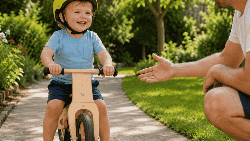 A confident 2-year-old toddler sitting on a small wooden balance bike on a garden path wearing a yellow helmet with a parent nearby
