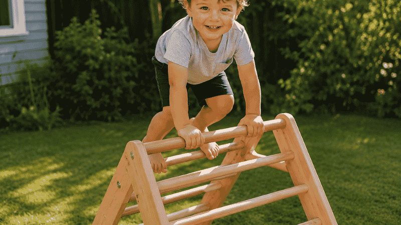 A 3-year-old child confidently climbing to the top of a wooden Pikler triangle climbing frame in a sunny backyard with a proud expression