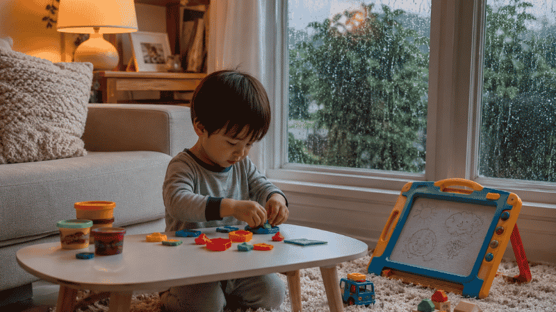 A happy 3-year-old child sitting on a soft rug playing with colorful Play-Doh at a small table on a rainy day with rain visible on the window behind