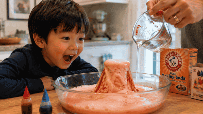 A 6-year-old child watching with excited wide eyes as a baking soda and vinegar volcano fizzes and overflows in a glass bowl on a kitchen table