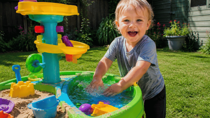 A 2-year-old toddler standing at a colorful sand and water table in a sunny backyard splashing happily with both hands