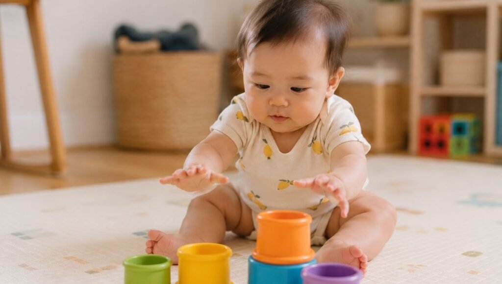 A 7-month-old baby sitting independently on a soft play mat reaching toward colorful stacking cups with a curious focused expression