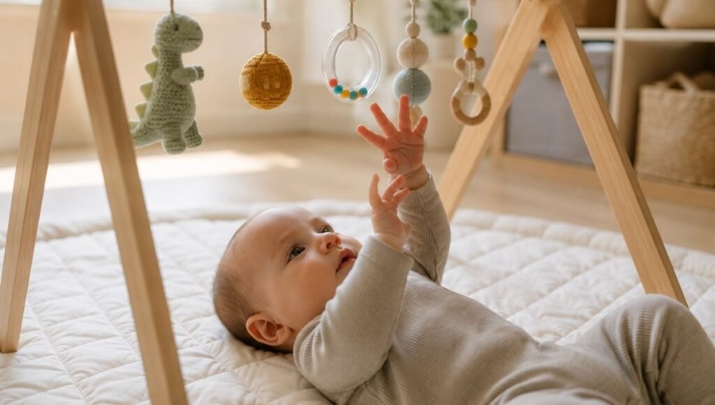 A 4-month-old baby lying on a soft white play gym mat reaching up with both hands toward colorful hanging toys with wide curious eyes in a warm nursery
