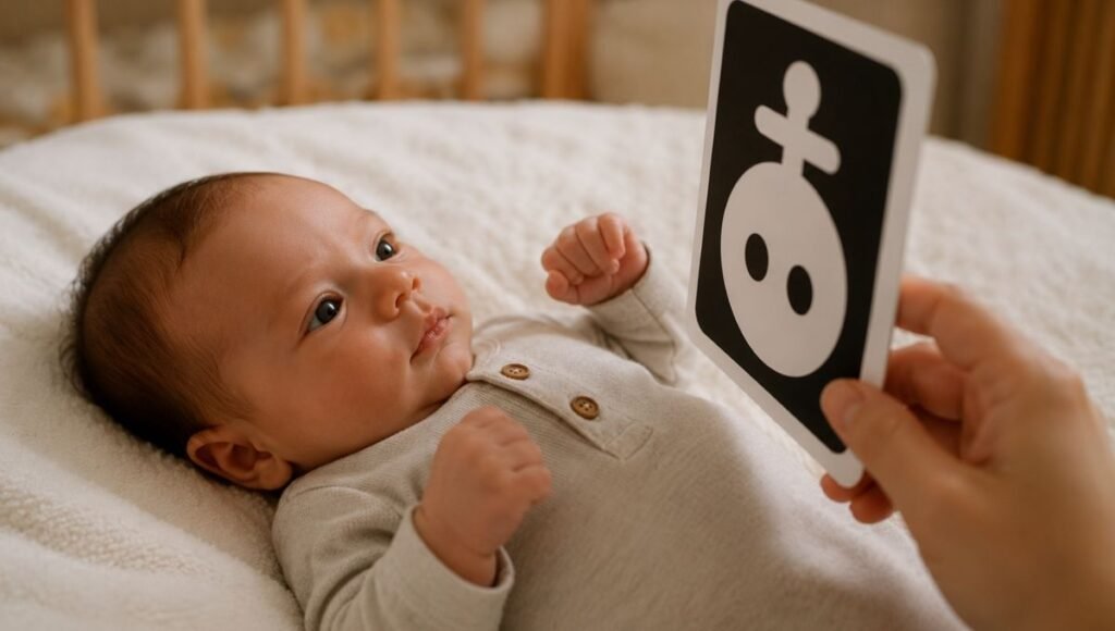 A newborn baby lying on a white blanket with wide alert eyes focused on a bold black and white high-contrast card held close to their face by a parent's hand