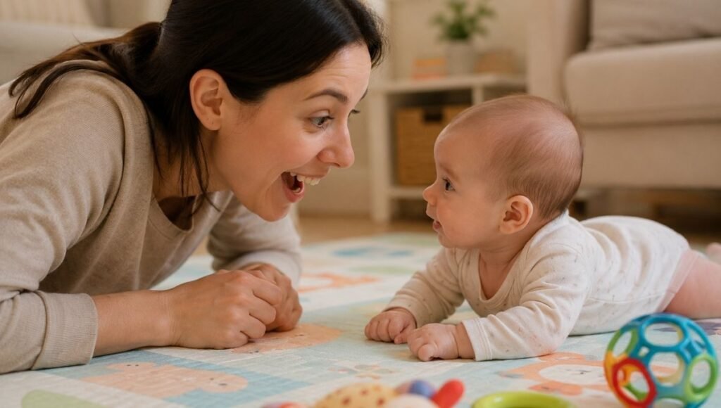 A mother lying face to face with her 3-month-old baby during tummy time making animated joyful eye contact with simple toys visible but untouched nearby