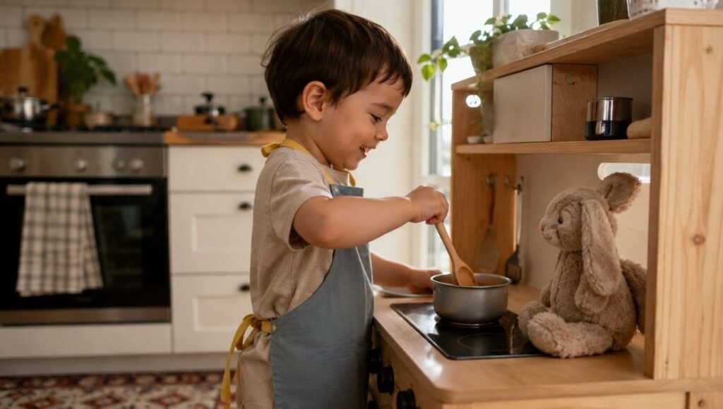 A happy 3-year-old child standing at a small wooden play kitchen stirring a pot with a wooden spoon with a proud smile and a toy rabbit watching nearby