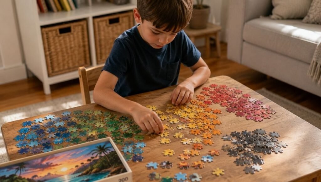 A 6-year-old child sitting at a low wooden table carefully sorting colorful puzzle pieces by color before assembling a large jigsaw puzzle