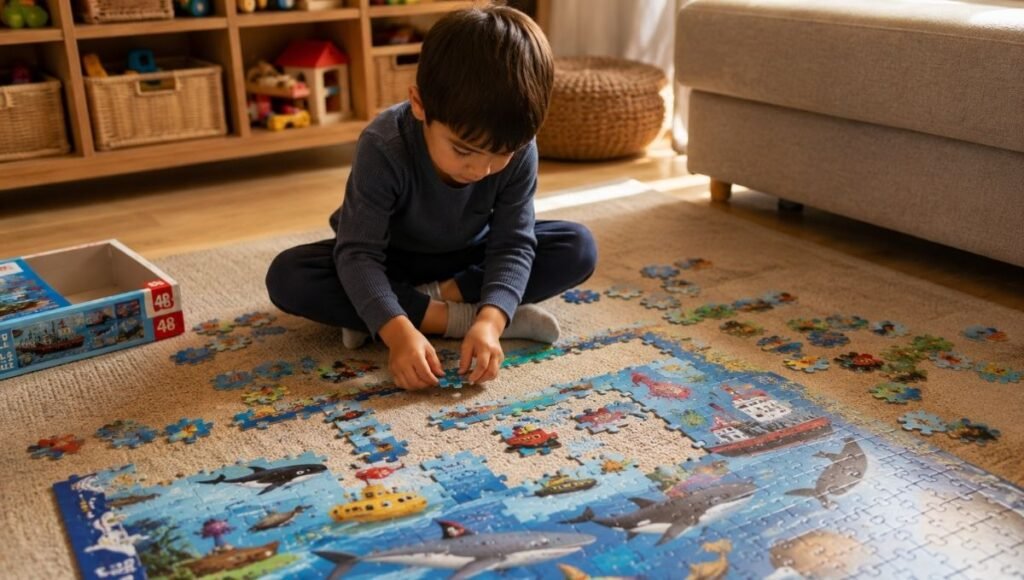 A 4-year-old child sitting cross-legged on a soft rug deeply focused on assembling a colorful large floor puzzle with pieces spread around them