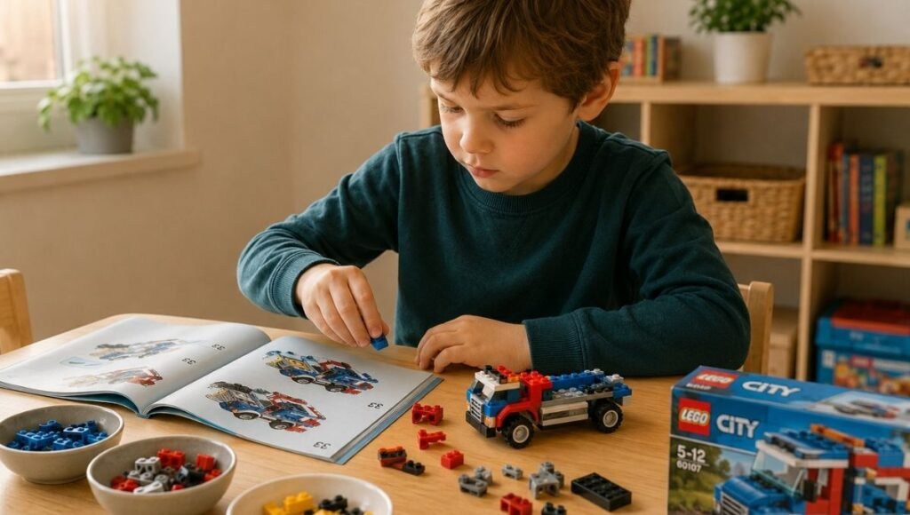 A 5-year-old child carefully following a LEGO instruction booklet at a small wooden table while building a colorful vehicle with pieces organized nearby