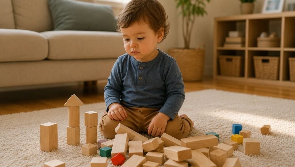 A 2-year-old toddler sitting on a soft rug looking calmly and thoughtfully at a pile of wooden blocks that have just fallen from their tower with quiet resilience