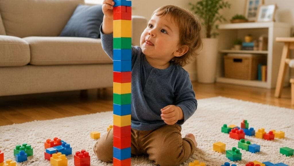 A focused 2-year-old toddler sitting on a soft rug carefully stacking colorful DUPLO blocks into a tall tower with intense concentration and tongue slightly out