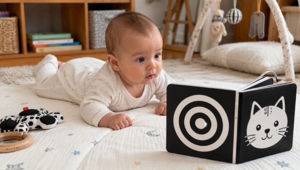 A 4-month-old baby doing tummy time on a white play mat gazing with wide curious eyes at a high-contrast black and white book