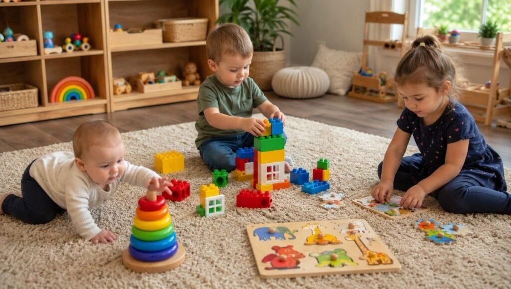 Three children of different ages playing with educational toys on a soft rug — a baby with stacking rings, a toddler with DUPLO blocks, and a preschooler with a puzzle