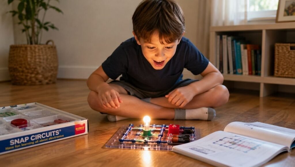 A 6-year-old child looking amazed and proud as a small light bulb glows from a completed snap circuit on the floor