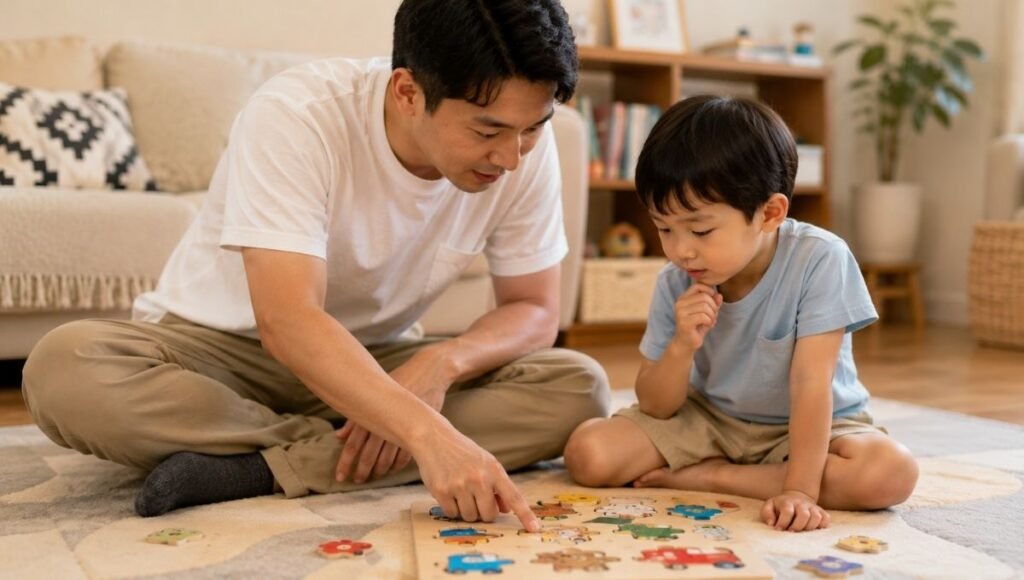 A father and 3-year-old child sitting together on a play mat working on a colorful wooden puzzle, the father pointing to a piece while the child looks engaged and thoughtful
