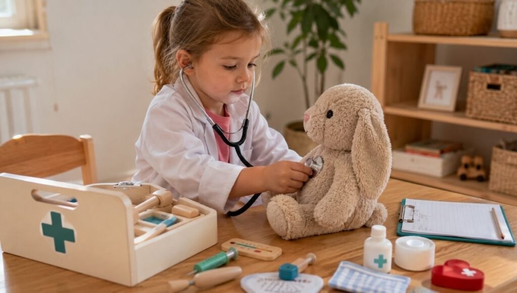 A 4-year-old child using a wooden toy doctor kit to treat a stuffed animal with serious concentration at a small wooden table