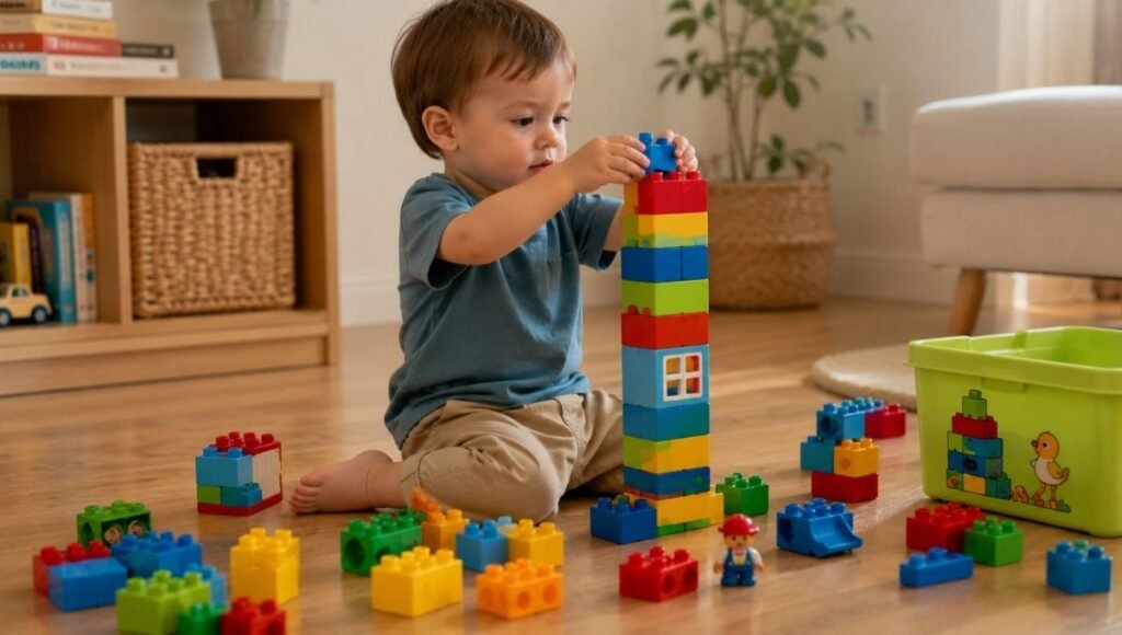 A 2-year-old toddler carefully stacking colorful DUPLO blocks into a tall tower with focused concentration on a wooden floor