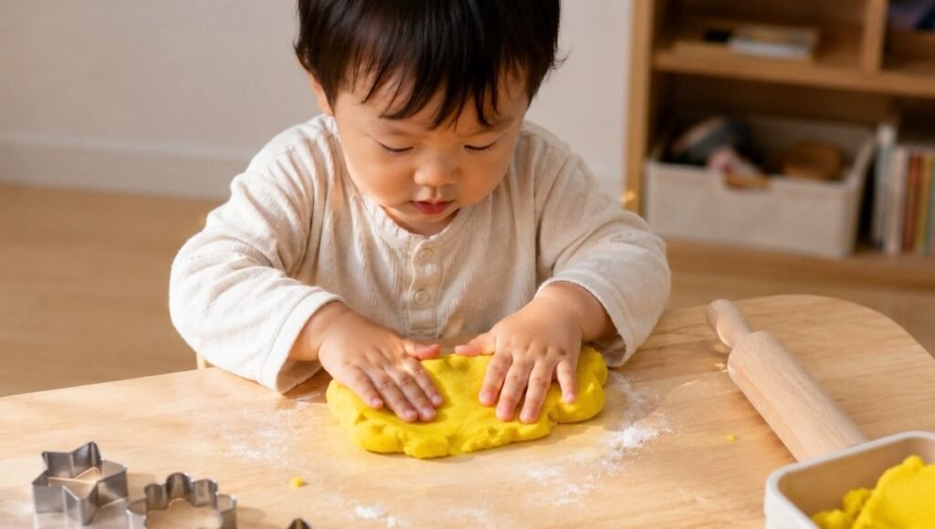 A 2-year-old toddler pressing and rolling bright yellow play dough at a low table with a rolling pin and cookie cutters nearby