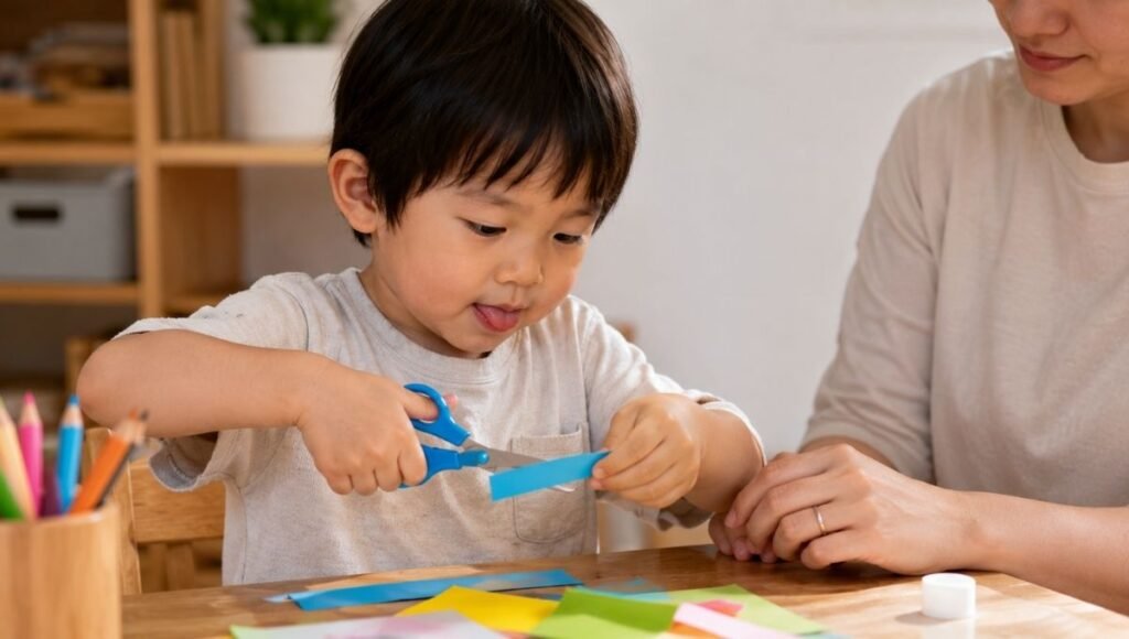 A 4-year-old child carefully cutting colorful paper with child-safe scissors at a small table with tongue out in concentration and a parent nearby