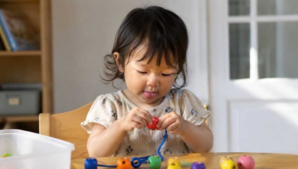 A focused 2-year-old toddler carefully threading large colorful wooden beads onto a lace at a small wooden table with concentrated expression