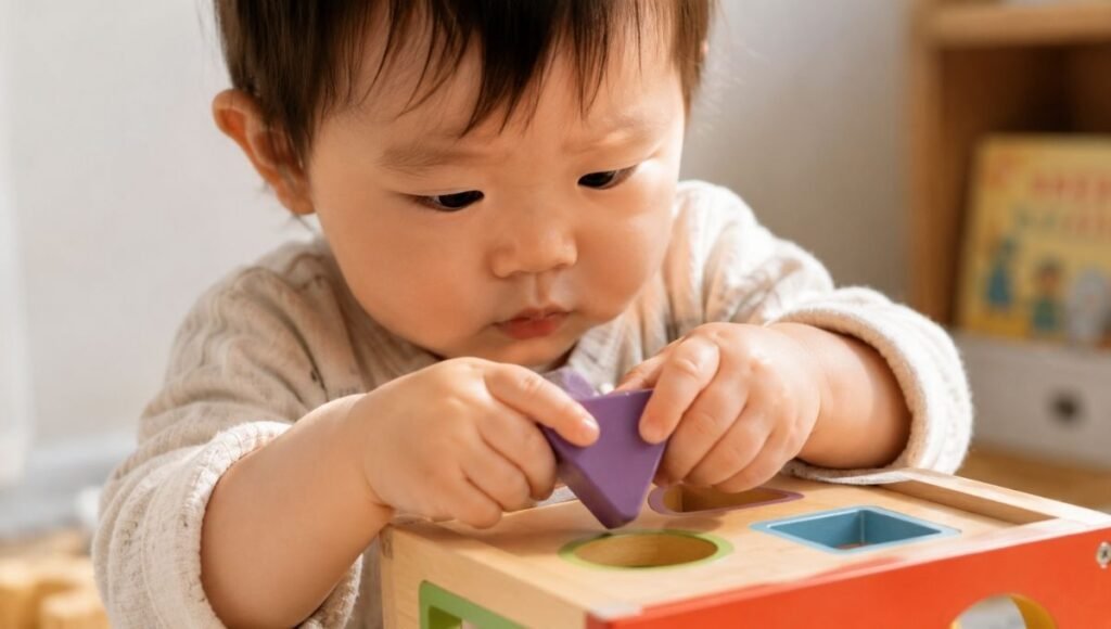 Close-up of a 15-month-old baby's small hands carefully rotating a colorful wooden shape to fit into a shape sorter with intense concentration