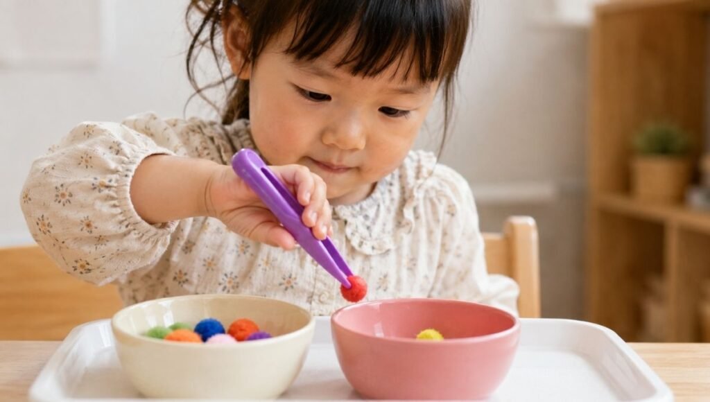A 3-year-old child carefully using colorful child-sized tweezers to transfer a small pom pom between two bowls with focused concentration