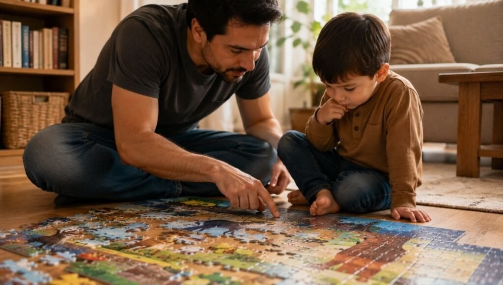 A 3-year-old child and parent sitting on a wooden floor working together on a large colorful floor puzzle, the parent pointing to a piece while the child looks thoughtful