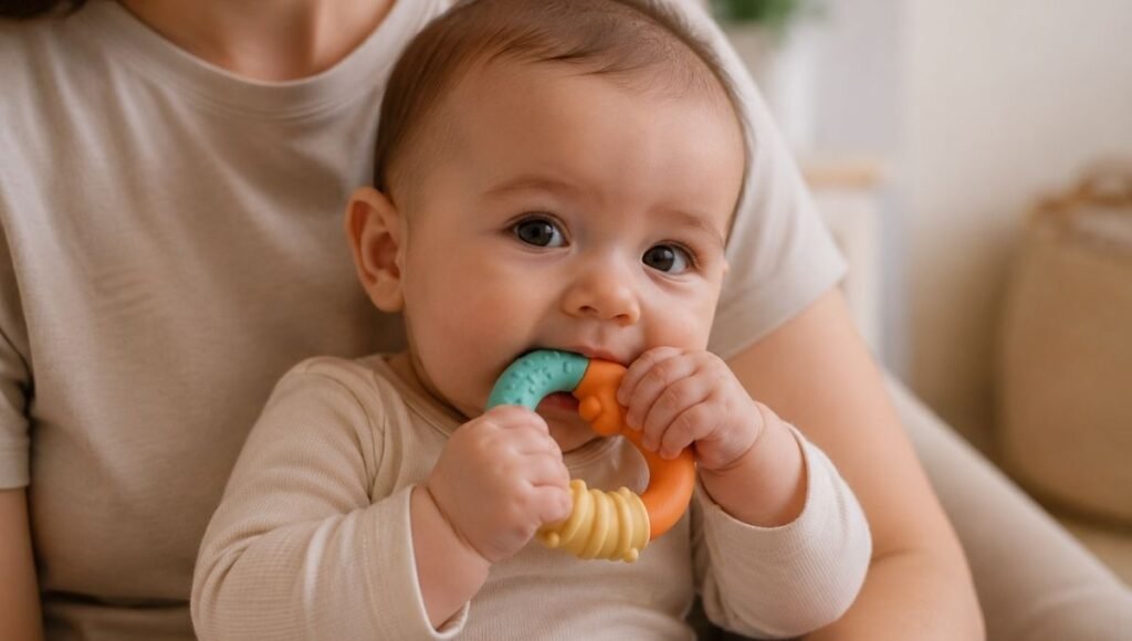 A 5-month-old baby sitting in a parent's lap gripping a colorful silicone teether with both hands and bringing it purposefully toward their mouth