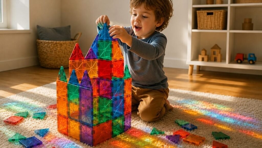 A 4-year-old child pressing colorful transparent magnetic tiles together to build a tall 3D structure with rainbow light casting on the floor from the sun shining through the panels