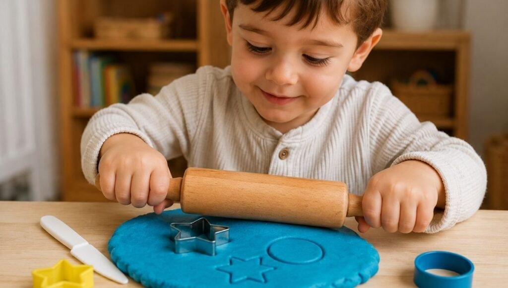 Close-up of a 3-year-old child's hands using a wooden rolling pin and cookie cutter shapes on bright blue play dough with simple tools nearby