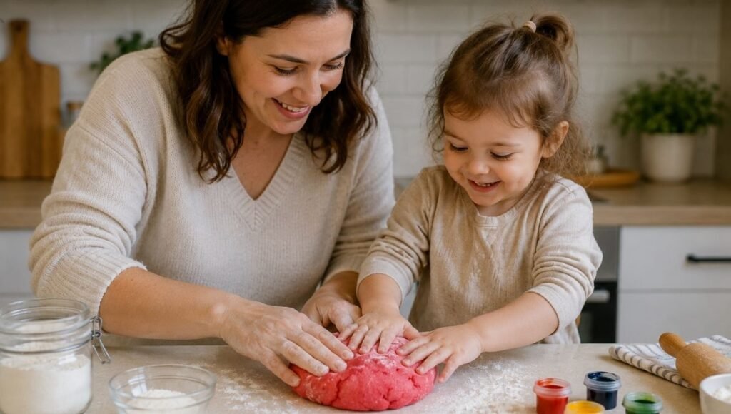 A parent and 3-year-old child standing at a kitchen counter together smiling while pressing and kneading a ball of bright red homemade play dough
