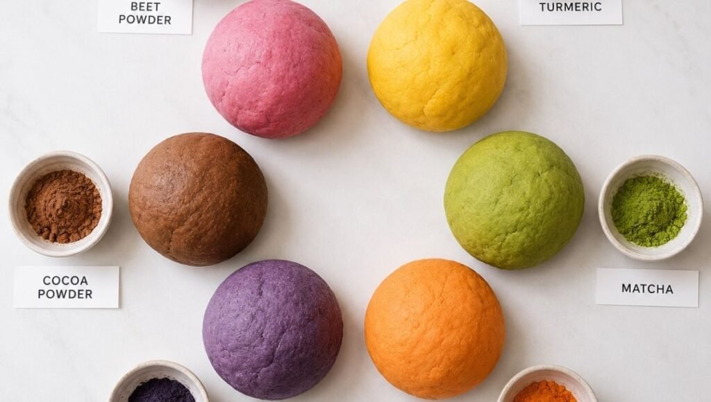 Flat lay of six naturally colored homemade play dough balls in pink, yellow, green, orange, purple, and brown made from natural colorants like beet powder and turmeric
