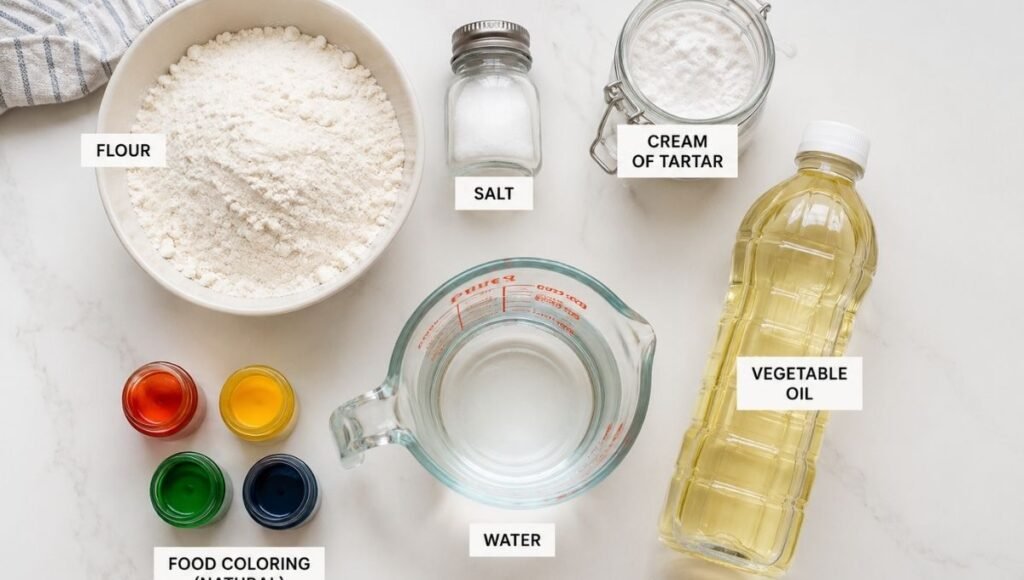 Flat lay overhead view of homemade play dough ingredients on a white kitchen counter including flour, salt, cream of tartar, oil, water, and natural food coloring