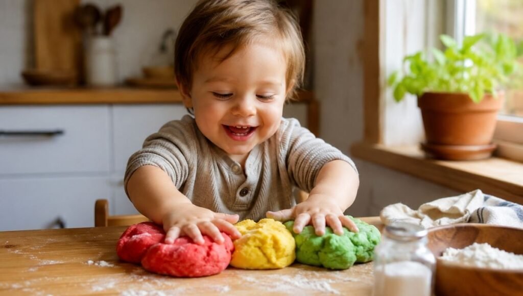 A 2-year-old toddler pressing both hands happily into colorful balls of homemade play dough at a wooden table with natural ingredients visible nearby