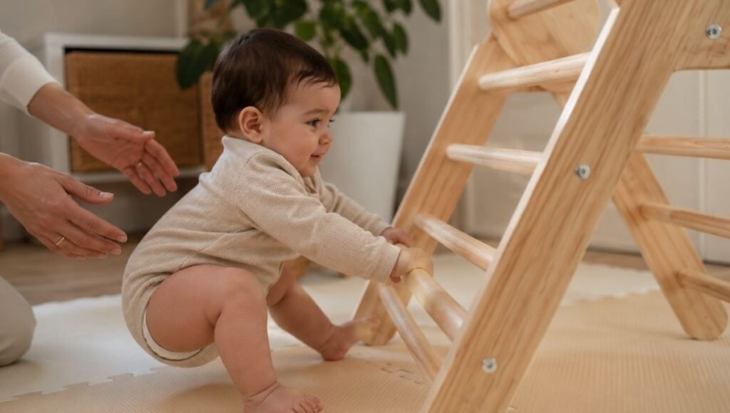 A 7-month-old baby holding the lower rungs of a wooden Pikler triangle practicing pulling up to standing with a parent's hands visible nearby but not touching