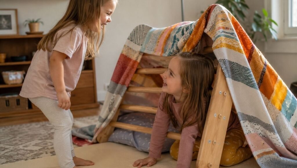 A natural wood Pikler triangle safely set up on a thick foam play mat with clear space around all sides in a well-organized bright playroom corner