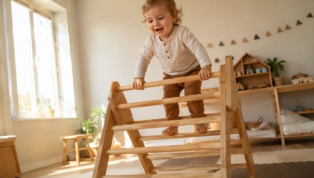 A 2-year-old toddler near the top of a wooden Pikler triangle gripping upper rungs confidently and looking down with a triumphant proud expression above a soft play mat