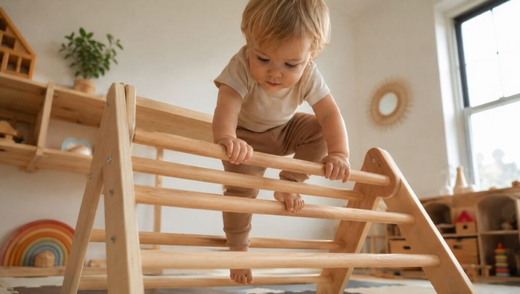 A confident 18-month-old toddler climbing the rungs of a natural wood Pikler triangle with firm grip and concentrated expression on a soft foam play mat
