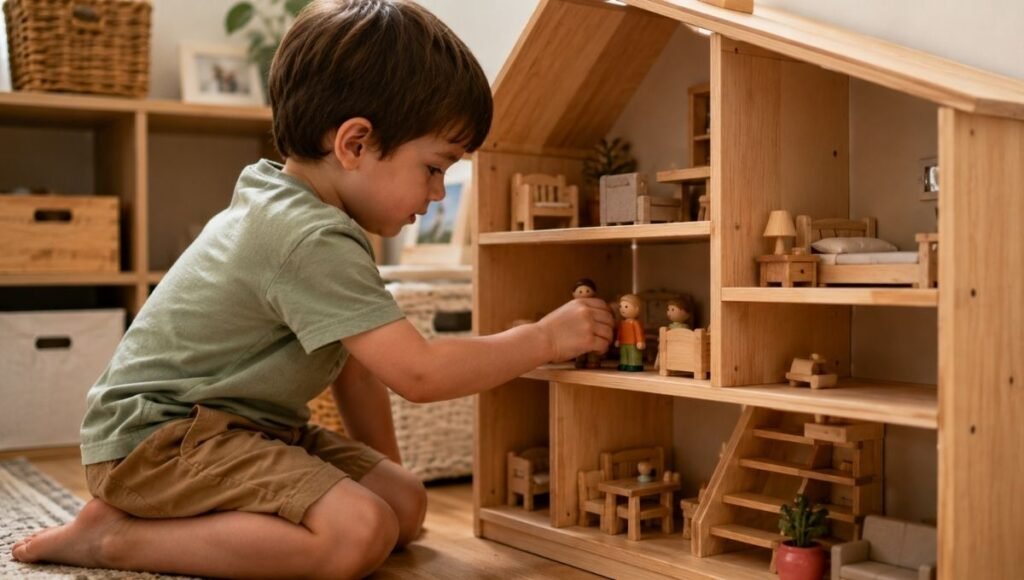 A 4-year-old child kneeling in front of a wooden dollhouse carefully arranging small family figures in the rooms with a thoughtful imaginative expression