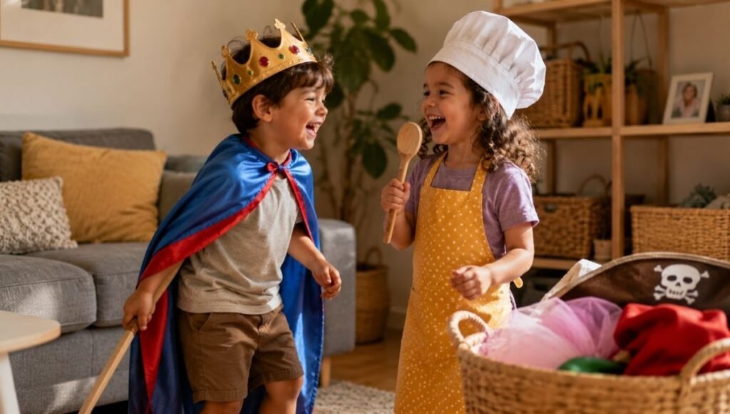 Two 4-year-old children playing dress-up together, one wearing a colorful cape and crown and the other a chef's hat, both laughing in a cozy living room
