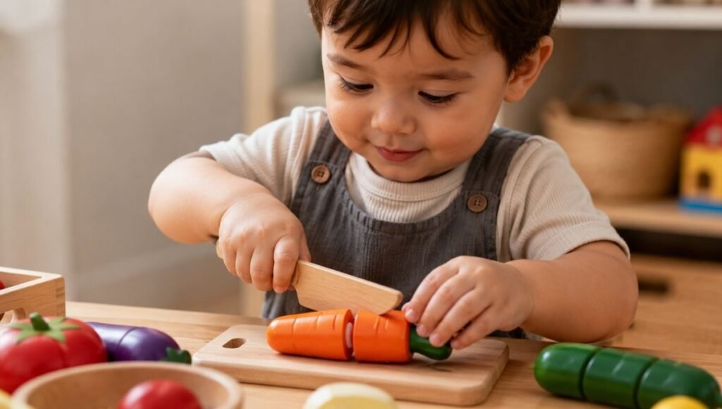 Close-up of a 2-year-old toddler's small hands using a wooden toy knife to cut a colorful velcro wooden play vegetable on a small cutting board