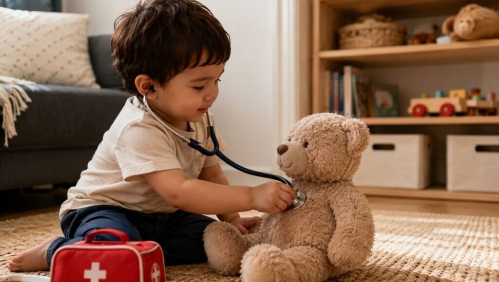 A 3-year-old child carefully holding a toy stethoscope to a stuffed bear's chest with a serious caring expression during pretend doctor play