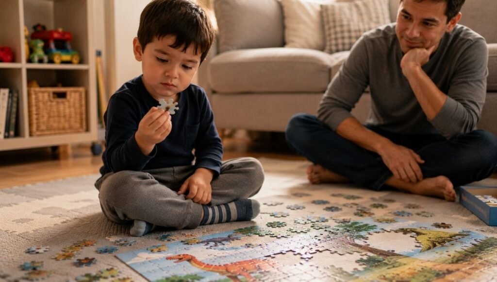 A 4-year-old child looking thoughtfully at a puzzle piece with furrowed brows while a parent sits nearby watching supportively without interfering